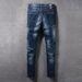 Men's Clothing Fashion Retro Jeans Distressed Dark Blue Cat Whisker Washed Slightly Elastic Slim Fit Small Straight Trousers_mkmklike.com
