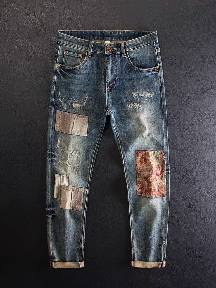 Men's Retro Patch Embroidered Distressed Jeans High End European American Style Slim Fit Stretch Casual Trousers For Autumn Winter Trendy Look_mkmklike.com
