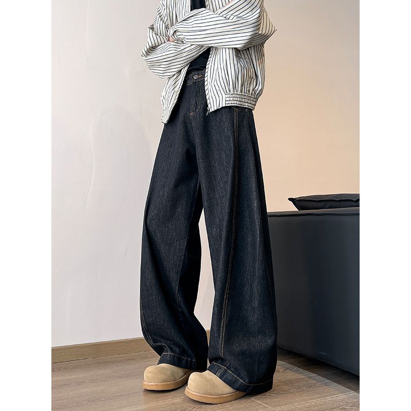 Denim Black Scimitar Jeans Men's Spring And Autumn Cleanfit Old Money Style Pants Straight Loose Wide Leg Trousers_mkmklike.com