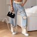Women's Clothing Lace Up Spring And Summer Hong Kong Style Trendy Individual Street Thin Ripped Double Layer Color Straight Jeans_mkmklike.com