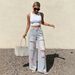 High-Waisted Ripped Wide Leg Jeans Women's Pink Frayed Edges Color-Block Straight Leg Trousers European American Style_mkmklike.com