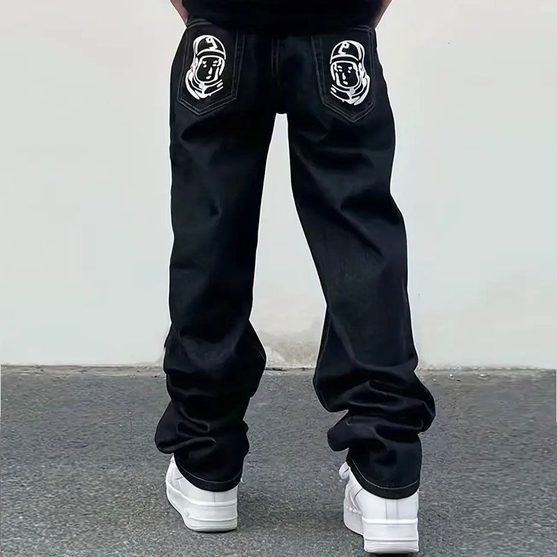 Men's Clothing High Street Hip Hop Flying Dog Print Jeans - Loose Fit Straight Leg Casual Trousers For Teen Boys (Black With White/Yellow Dog Print)_mkmklike.com