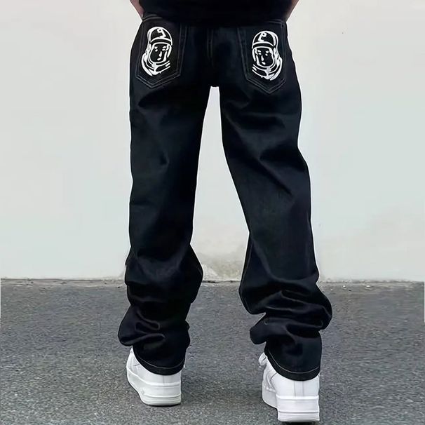 Men's Clothing High Street Hip Hop Flying Dog Print Jeans - Loose Fit Straight Leg Casual Trousers For Teen Boys (Black With White/Yellow Dog Print)_mkmklike.com