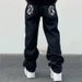 Men's Clothing High Street Hip Hop Flying Dog Print Jeans - Loose Fit Straight Leg Casual Trousers For Teen Boys (Black With White/Yellow Dog Print)_mkmklike.com