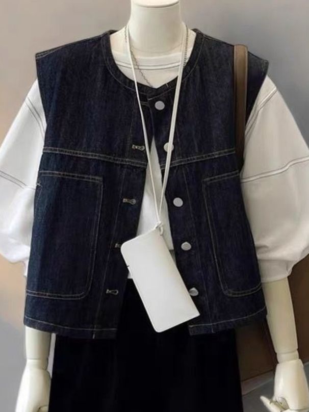 K Retro Layered Denim Vest For Women; Design-oriented, Niche, Fashionable, Slimming, Versatile Short Jacket. No Innerwear And Accessories_mkmklike.com