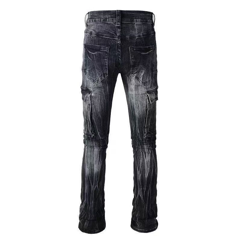 Men's Boot Cut Jeans Multi Pockets Cargo Black Cotton Denim Pants Streetwear Slim Flared Trousers_mkmklike.com