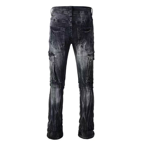 Men's Boot Cut Jeans Multi Pockets Cargo Black Cotton Denim Pants Streetwear Slim Flared Trousers_mkmklike.com