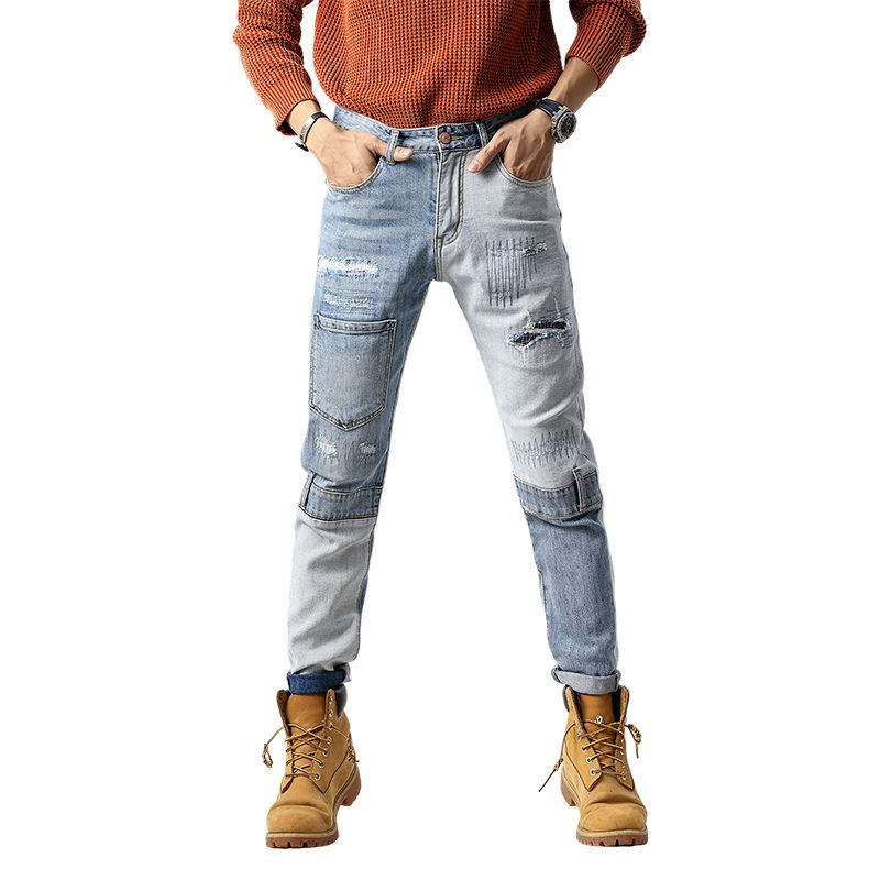 Trendy High-Street Distressed Embroidered Skinny Jeans With Color-Block Pocket Design - Slim Fit Stretch Denim Pants For Men & Women_mkmklike.com