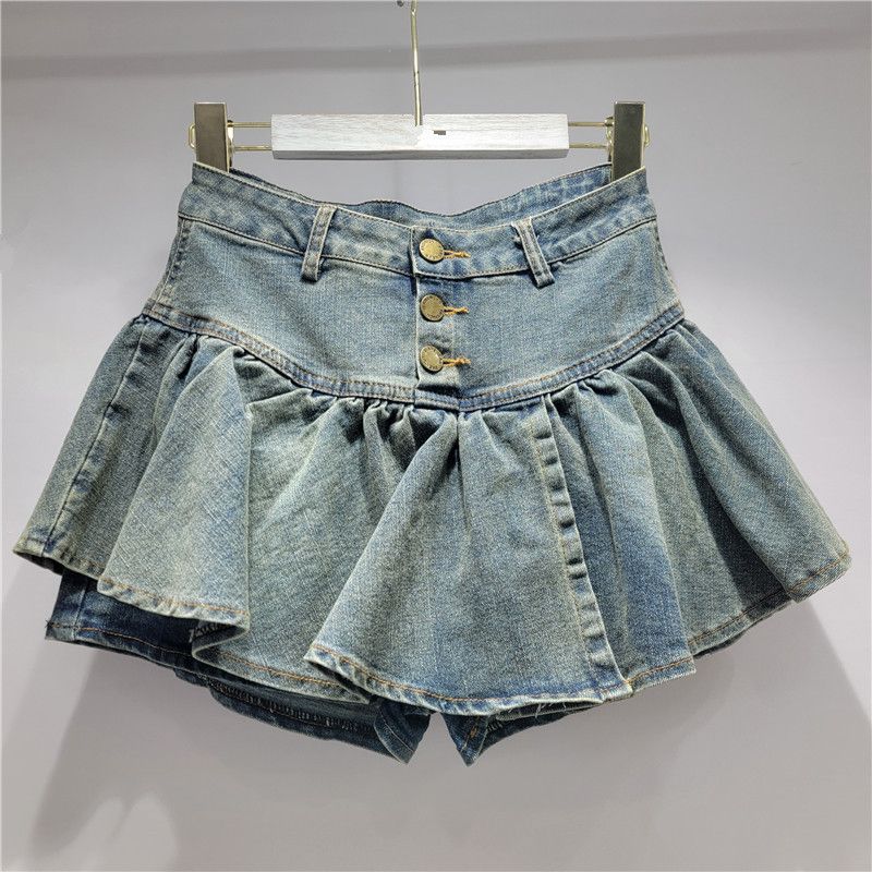 Retro Hot Girl Ruffled Denim Short Skirt Female 2025 Spring And Summer Age Reducing Pants Skirt A Line Puffy Skirt_mkmklike.com