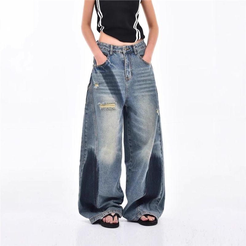 American-style Splatter-paint Ripped Curved Hem Jeans For Women, New High Street Loose Retro Design Versatile Wide-leg_mkmklike.com