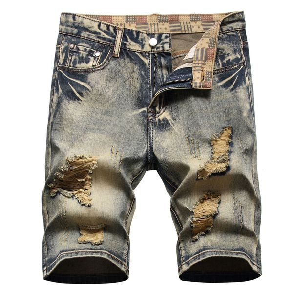 Men's Retro Distressed Washed Denim Shorts Mid-Length Straight Leg Five-Pocket High Street Fashion Summer Trendy Stretch_mkmklike.com