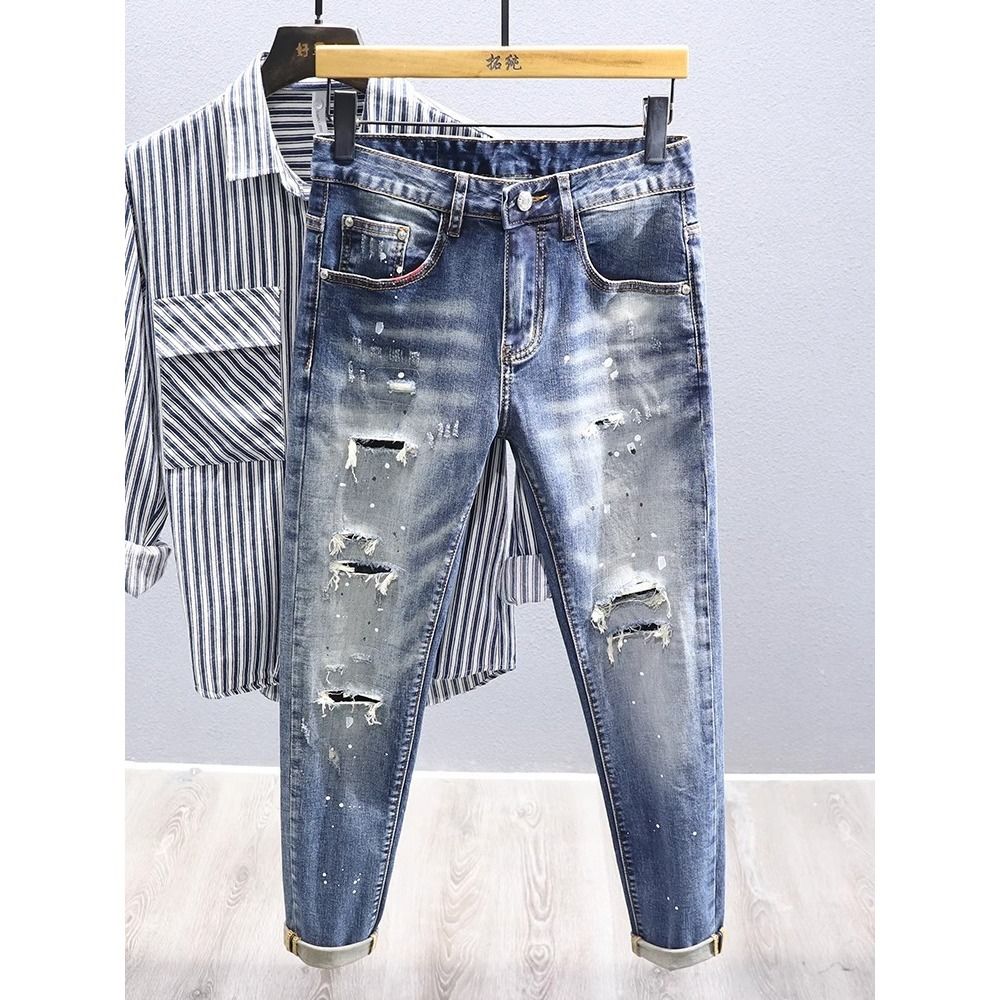 Summer High Street Washed Blue Ripped Cropped Jeans For Men Trendy Handsome Ink Splash Slim Fit Skinny Long Pants_mkmklike.com