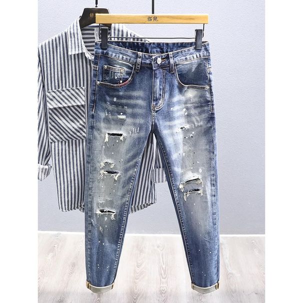 2027 Summer Fashion High Street Hip-Hop Jeans Men Cotton Mid Waist Splash-Ink Broken Hole Straight Type Small Foot Washed Denim Pants_mkmklike.com