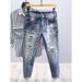 Summer High Street Washed Blue Ripped Cropped Jeans For Men Trendy Handsome Ink Splash Slim Fit Skinny Long Pants_mkmklike.com