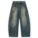 Post-apocalyptic Style Washed Ink Splash Denim Scimitar Pants Men's Street Fashion Punk Braided Chain Decor Design_mkmklike.com