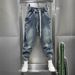 Men's Light Blue Distressed Jeans – Loose Fit Cargo Pants With Adjustable Drawstring & Cuffed Hem, Streetwear Harem Style (S-Xxxl)_mkmklike.com