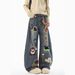 American Cartoon Towel Embroidered Jeans Men's Winter Trendy Brand Design Sense Wide-leg Pants Loose And Versatile Floor-mopping Trousers_mkmklike.com