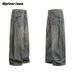Men's Vintage Washed Distressed Jeans - Baggy Wide-Leg Denim Pants With Retro Fading & Unique Sickle Cut (Blue)_mkmklike.com