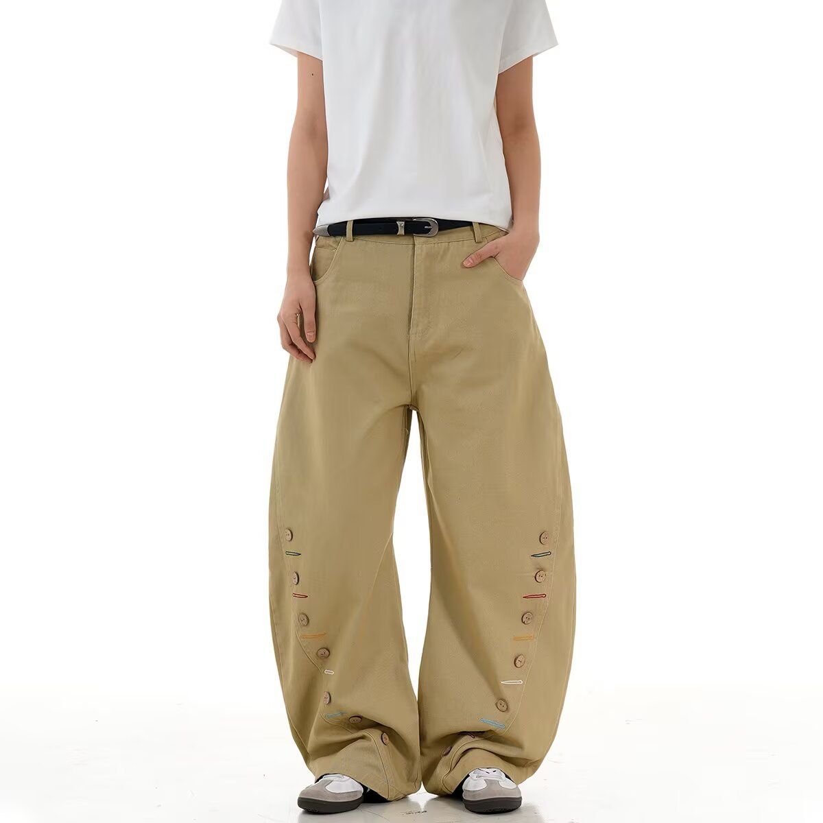 Deconstructed Utility Jeans – High-Waisted Raw Hem Denim Pants With Asymmetrical Button Details (Khaki, S-3XL, Selvedge-Inspired)_mkmklike.com
