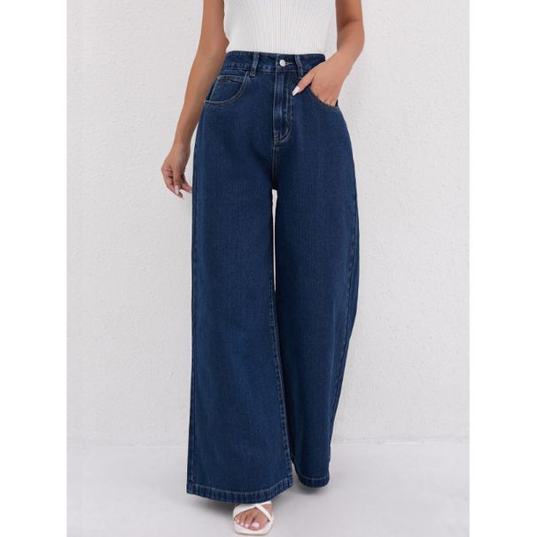 Women's Clothing Wide Leg Floor Length Pants Women's High Waist Flared Jeans - Classic Blue Denim Wide Leg Pants For Casual & Chic Outfits_mkmklike.com
