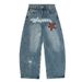2025 New American Style Plaid Star Patch Embroidered Jeans Design Loose Casual Wide-Leg Pants_mkmklike.com