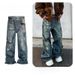 Unisex Loose Straight Leg Washed Denim Jeans 3D Scissor Digital Print American Street Retro Style_mkmklike.com