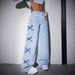 Women's Printed Flared Jeans - High-Waisted Vintage Denim Pants With Butterfly Embroidery (Light Blue/Dark Blue, XS-XXL)_mkmklike.com