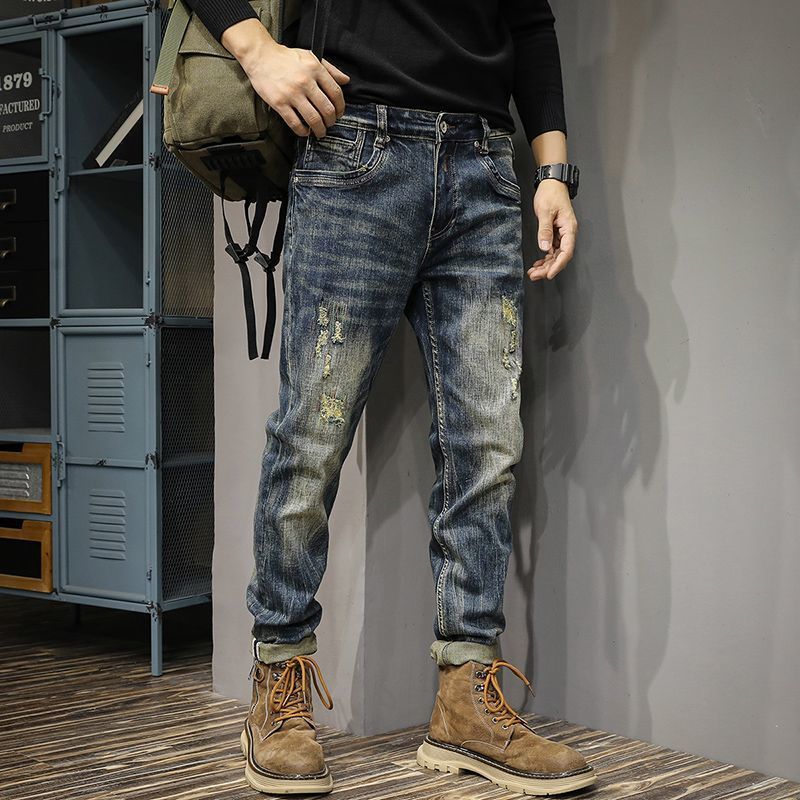 Autumn Trendy Brand Retro Ripped Jeans Men's Slim Fit European And American Straight Elastic American Patch Autumn And Winter Beggar Trousers_mkmklike.com
