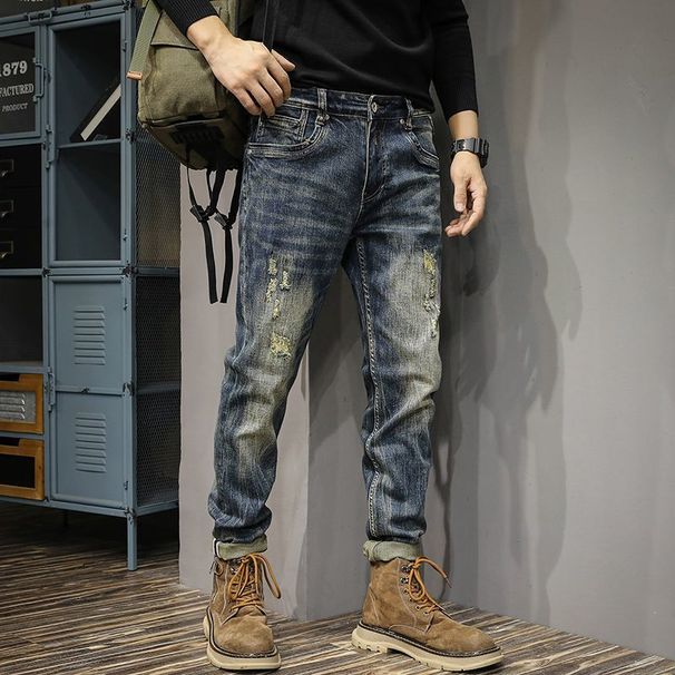 Autumn Trendy Brand Retro Ripped Jeans Men's Slim Fit European And American Straight Elastic American Patch Autumn And Winter Beggar Trousers_mkmklike.com