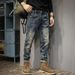 Autumn Trendy Brand Retro Ripped Jeans Men's Slim Fit European And American Straight Elastic American Patch Autumn And Winter Beggar Trousers_mkmklike.com