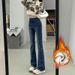 Hong Kong Style Fahion Fleece-Lined Flared Jean For Women 2025 Winter Slimming Retro Slim Fit Stretch Bell-Bottom_mkmklike.com