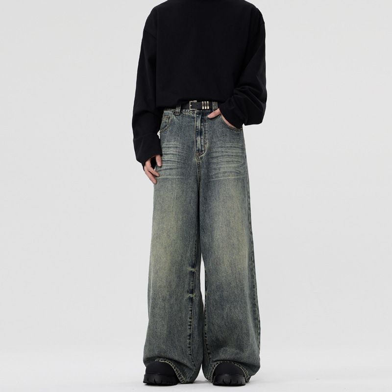 Men's Retro Vintage Wide Leg Jeans Loose Casual Straight Pants Cleanfit Archer0603_mkmklike.com