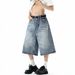 American Buckle Denim Shorts Men's And Women's Summer Retro Washed Seven-point Pants High Street Design Wide-leg Medium Pants_mkmklike.com