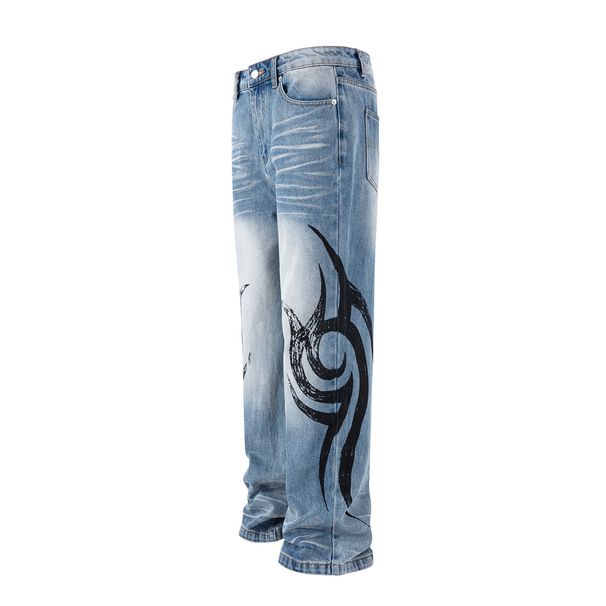 Men's Vintage Washed Blue Jeans With Whisker & Tattoo Print, Slim Bootcut Denim Pants, Retro Streetwear Style_mkmklike.com