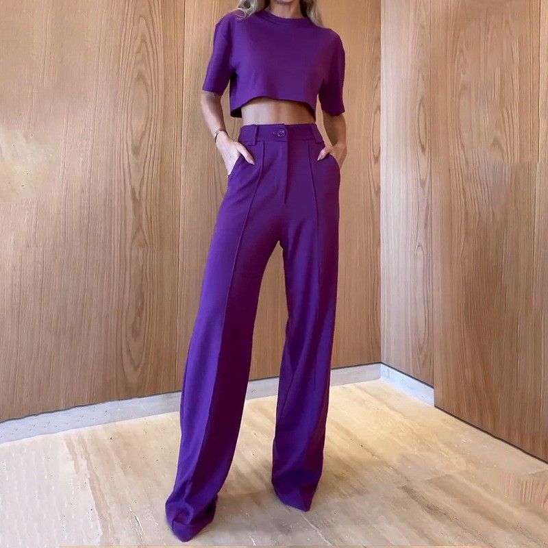Women's Clothing Set Fashion Round Neck Short Sleeve Top Straight Trousers Solid Color Two-piece Set_mkmklike.com