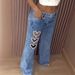 Women's Distressed Heart-Cutout Jeans - Diamond Studded Wide Leg Denim Pants, Vintage Washed Straight Fit For Casual & Streetwear_mkmklike.com