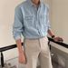 Men's Clothing Washed Distressed Denim Loose Long Sleeved Work Shirt_mkmklike.com