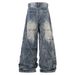 Streetwear Vintage Washed Distressed Jeans For Men - High Waisted Relaxed Fit With Artful Pleats & Long Hem_mkmklike.com