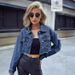 Women's Clothing Denim Jacket Short Sleeve Casual Streetwear Fashion Cropped Jacket For Women (XS/S/M/L, Dark Blue)_mkmklike.com