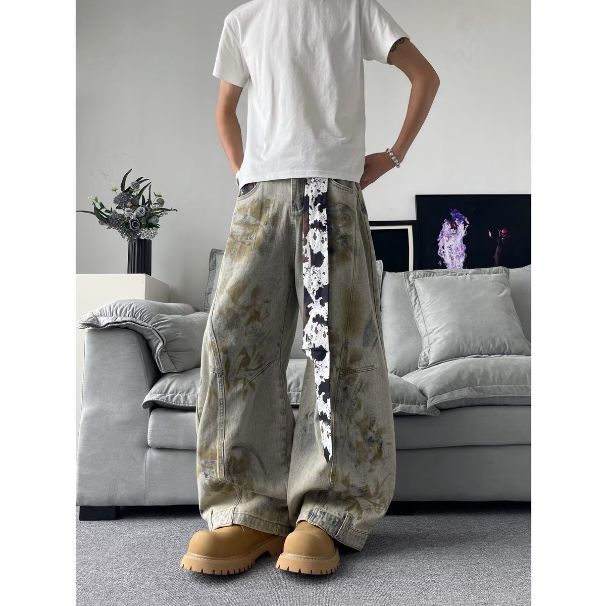 Retro American Heavy Duty Washed Denim Jeans Loose Straight Leg Wide Leg plus Size Floor Length Casual Trousers for Men And Women_mkmklike.com