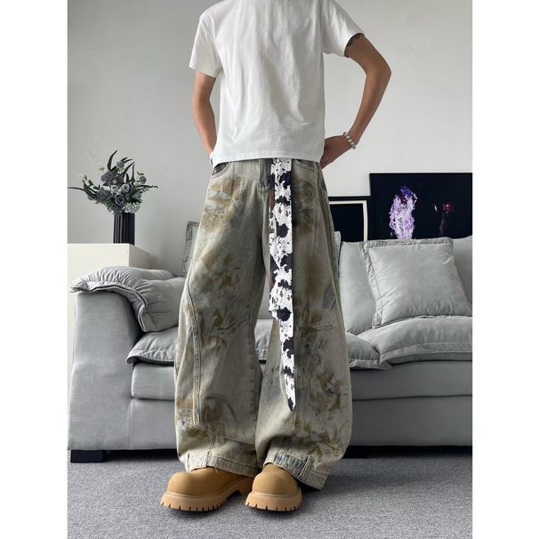 Retro American Heavy Duty Washed Denim Jeans Loose Straight Leg Wide Leg plus Size Floor Length Casual Trousers for Men And Women_mkmklike.com