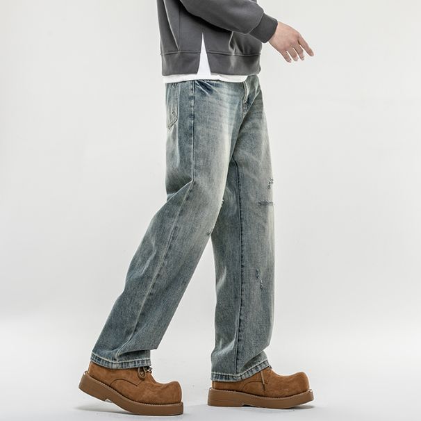 American Retro Spring Jeans, Men's Straight Harlan Loose Trendy Brand Washed Double Craft Middle Waist Youth Large Size_mkmklike.com