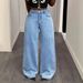 Women's Vintage Washed High-Waisted Straight Leg Denim Pants - Comfortable Cotton Blend Wide Leg Trousers For Casual & Office Wear_mkmklike.com