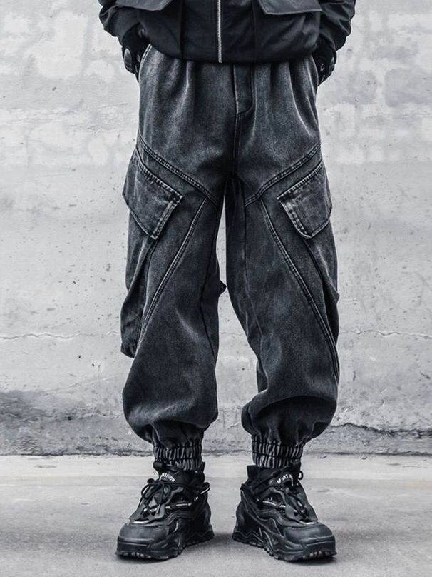 Post-Apocalyptic Utility Jeans – Distressed Washed Denim With Fleece Lining & Multi-Pocket Design (M-4XL, Dark Grey)_mkmklike.com