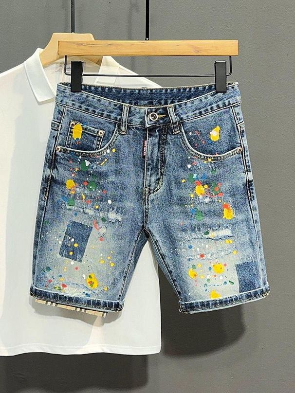 Men's Clothing Washed Blue Ripped Denim Shorts Trendy Splash Graffiti Slim Fit Five Point Pants_mkmklike.com
