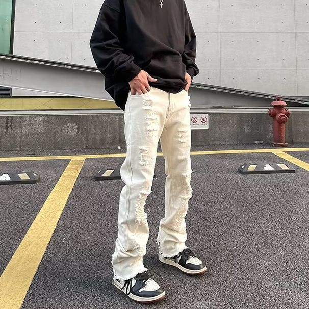Suitable For All Seasons High Vibe American Street Style White Jeans Men's Autumn Straight Leg Ripped Frayed Long Pants_mkmklike.com
