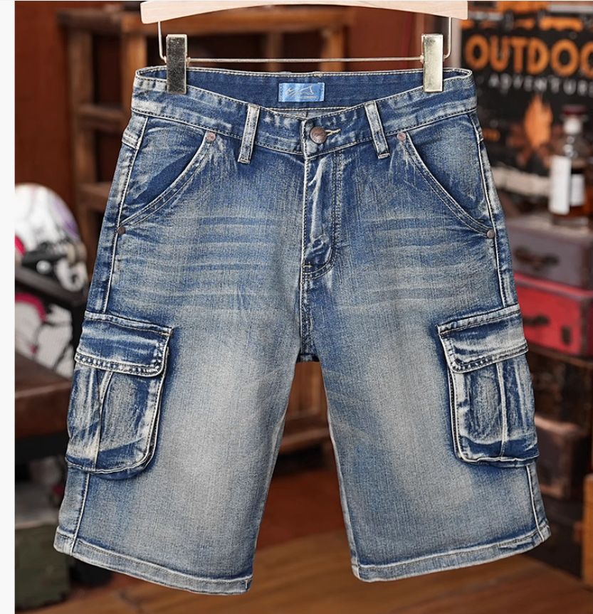 Retro Black Cargo Denim Shorts For Men Multi Pocket Loose Fit Plus Size Trendy Summer Stretch Mid-Length Five Point Pants_mkmklike.com