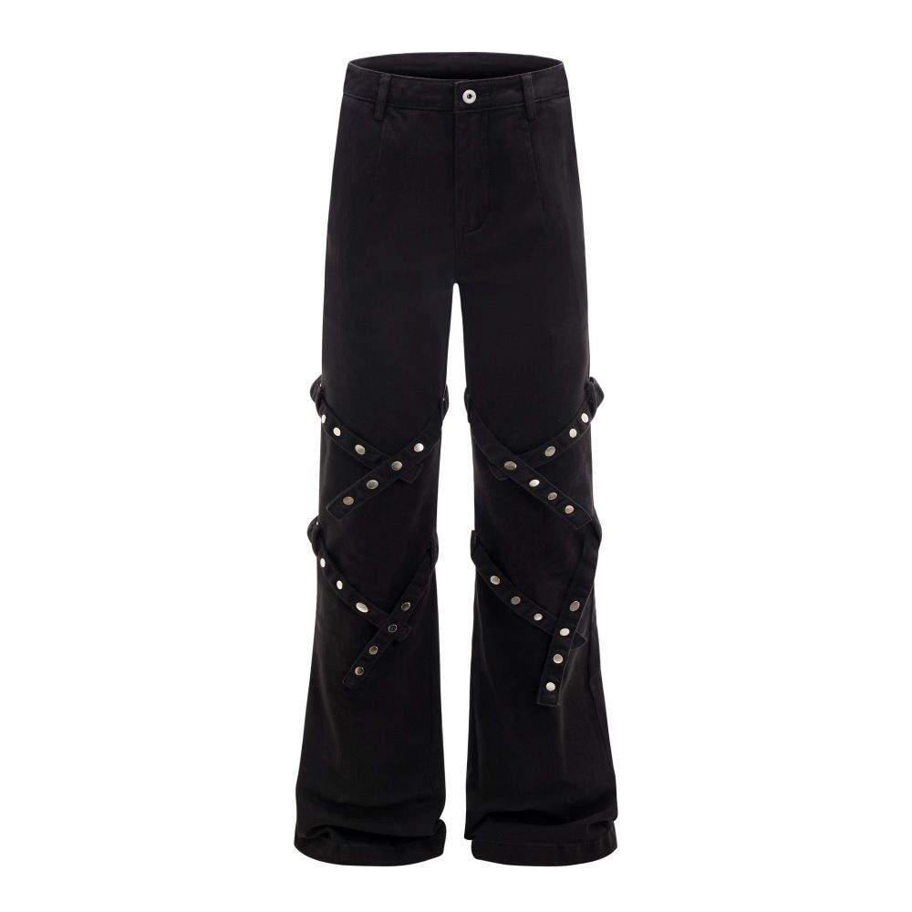 American High Street Vibe Style Niche Lace-Up Flared Jeans With Unique Hip-Hop Design For Men_mkmklike.com