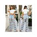 High-Waisted Striped Denim Jeans Light Blue Ripped Loose Straight Leg Sexy Sizzling Cross Border Exclusive for Women_mkmklike.com