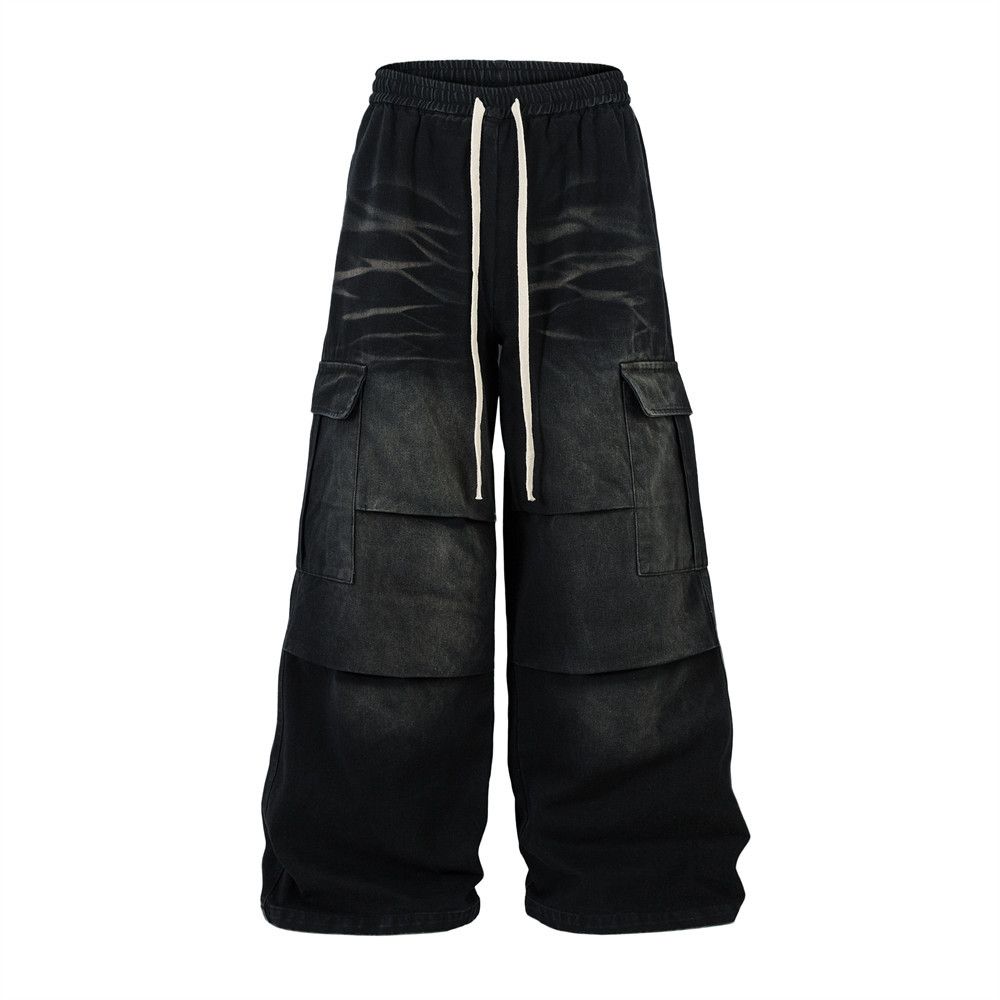 American High Street Spray Paint Denim Cargo Pants Loose Pleated Knee Design Sense Floor-Length Wide-Leg Straight-Leg_mkmklike.com